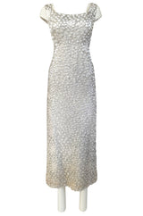 1960s Unlabeled Ivory Silk Dress w Chenille Applique & Beading Detail