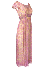 1960s Malcolm Starr Pink & Pale Yellow Silk Chiffon Beaded Dress