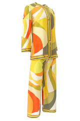 1960s Emilio Pucci Citrus Colors Silk Button Tunic Top & Cropped Pant Set