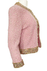 Stunning 1970s Adolfo Pale Pink Beaded Pearl, Rhinestone & Gold Jacket