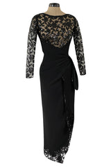 1980s Loris Azzaro Couture Black Silk & Net Sequin Floral Bodice Dress w Swag Hip Detail