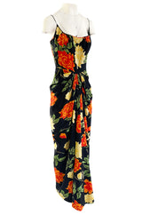 Brilliant 1957 James Galanos Large Floral Print Front Gathered Silk Evening Dress