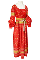 Spring 1971 Oscar de la Renta Red Printed Dress w Pouf Sleeves & Original Belt