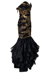 Fall 1988 Emanual Ungaro Strapelss Gold Metallic Black & Gold Ruffled Hem Dress