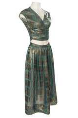 1980s Geoffrey Beene Gold & Turquoise Silk Lame Metallic Skirt & Top Set