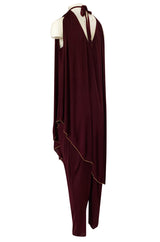 1970s Holly's Harp Deep Burgundy & Gold Silk Jersey Dress w Harem Pant Set