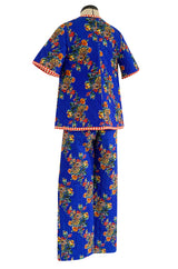 Rare 1971 Marion Foale and Sally Tuffin Blue Floral & Red Checked Pant Jacket & Hat Set