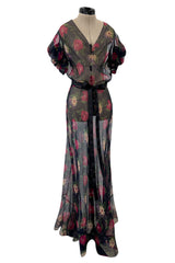 Prettiest 1930s Bias Cut Transparent Floral Print Silk Crepe Chiffon Dress w Capped Sleeves