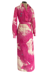 Gorgeous 1970s Hanae Mori Pink Scenic Print Wrap Skirt & Button Down Top Set