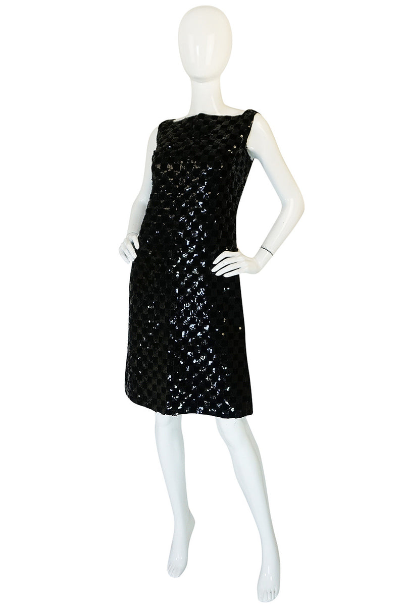 1960s Sequin & Velvet Checked Black Malcolm Starr Dress