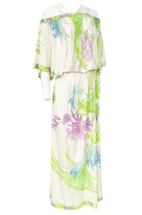 1970s Leonard Paris Off Shoulder Tropical Floral Print Silk Jersey Dress