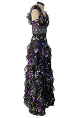 Prettiest Spring 2010 Oscar de la Renta Purple Silk Chiffon Ruffle Dress w Jewel Waistband