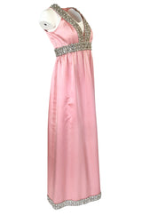 c.1966 Oscar De La Renta Pink Silk Satin & Silver Embellished Dress