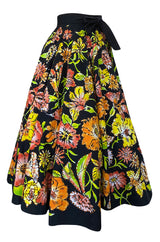 1960s Hand Painted Sequin Bright Floral Print Cotton Mexican Skirt
