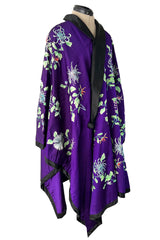 Outstanding 1920s Brilliant Floral Embroidered Rich Purple Silk Cape Cut Flapper Coat