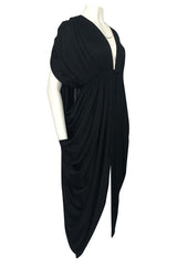 c1976 Halston Black Draped Plunge Front Caped Back Jersey Dress