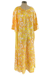 1960s Unusual Wrapped & Tie Printed Yellow Jumpsuit w Full Length Caped Back