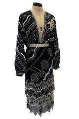 Sexy 1982 Fabrice Simon Black Densely Beaded Silk Chiffon Dress w Plunge Front