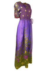1960s Oscar de la Renta Prettiest Painted Floral Silk & Metallic Dress