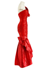 Dramatic 1987 Loris Azzaro Brilliant Red Strapless 'Flame' Dress w Flaring Skirts & Shoulder