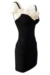 Runway Spring 1997 Thierry Mugler Fitted Black Dress w Extravagant Ruffled Silk Bodice