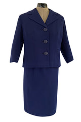 Spring 1960 Pierre Balmain Haute Couture Deep Blue Skirt Suit w Swing Back Button Detailing