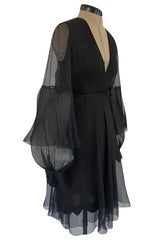 Well Documented Fall 1972 Christian Dior by Marc Bohan Haute Couture Black Silk Chiffon Dress