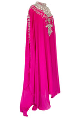 1980s Elaborate Crystal Covered Vibrant Pink Chiffon Caftan Dress