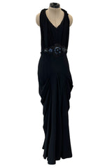 Avant Garde 1930s Black Moss Crepe Draped Halter Back Dress w Sequin Detailing