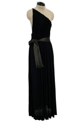 Fabulous Late 1970s James Galanos Intricate Flute Pleated Black Silk Jersey One Shoulder Dress