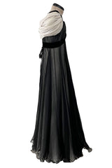 Stunning Spring 1986 Jacqueline de Ribes Black & Ivory Bias Cut Silk Chiffon Dress