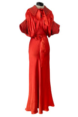 Gorgeous 1930s Coral Red Bias Cut Dress w Back Cut Outs & Matching Beaded Jacket