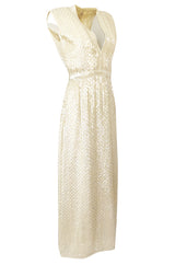 1960s Fred Perlberg Long Ivory Fully Sequinned Plunge Dress