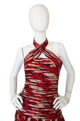 1980s Gathered Silk Chiffon Red Print Dress