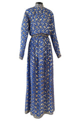Stunnng 1980s Givenchy Gold Sequin on Blue Silk Chiffon Skirt & Top Dress Set
