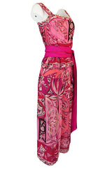 1960s Emilio Pucci Printed Pink Silk Sleeveless Top & Wide Legged Pant Set w Silk Belt