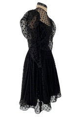 Early 1980s Pauline Trigere Velvet Dot on Net Dress w Exceptional Sleeves
