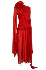 Rare 1970s Nina Ricci Haute Couture Trailing Angel Wing Sleeve Red Silk Dress