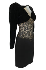 1980s Yves Saint Laurent Black Velvet, Lace & Jersey Dress