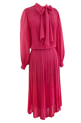 1970s Louis Feraud Haute Couture Hand Pleated Pink Silk Chiffon Day Dress w Bow