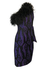 c.1988 Patrick Kelly Purple Brocade One Shoulder Feather Trim Dress