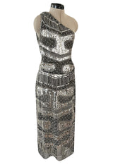 Spring 1981 Unlabeled Halston One Shoulder Silver Sequin & Black Silk Chiffon Dress