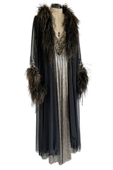 Dramatic 1980s Bob Mackie Chiffon & Gold Dress & Robe Set w Feather Trim