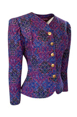1983 Yves Saint Laurent Gold Metallic Thread Quilted Purple Print Jacket
