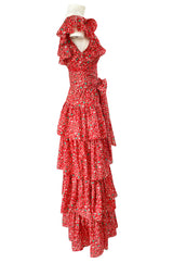 Prettiest 1970s Oscar de la Renta Tiered & Ruffled Tiny Floral Red Dress