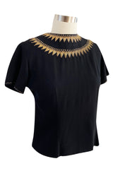 1980s Upcycled 1940s Renee Lewis Couture Hand Gold Embroidered Black Silk Crepe Top