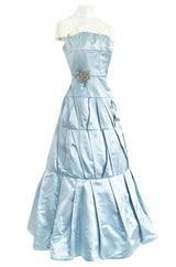 Custom Made 1998 Ice Baby Blue Silk Satin Intricate Panel Strapless Dress W Bead Detail