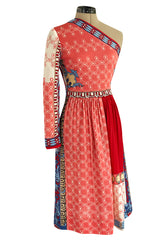 Cutest 1970s Paganne One Shoulder Red Pink & Blue Printed Jersey Dress w Swingy Skirt