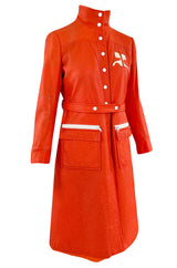 Iconic 1960s Andres Courreges Vivid Orange & White Vinyl Coat or Dress w Original Belt