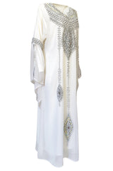 1970s Elaborate Silver, Pearl & Bead Covered Jeweled White Chiffon Caftan Dress